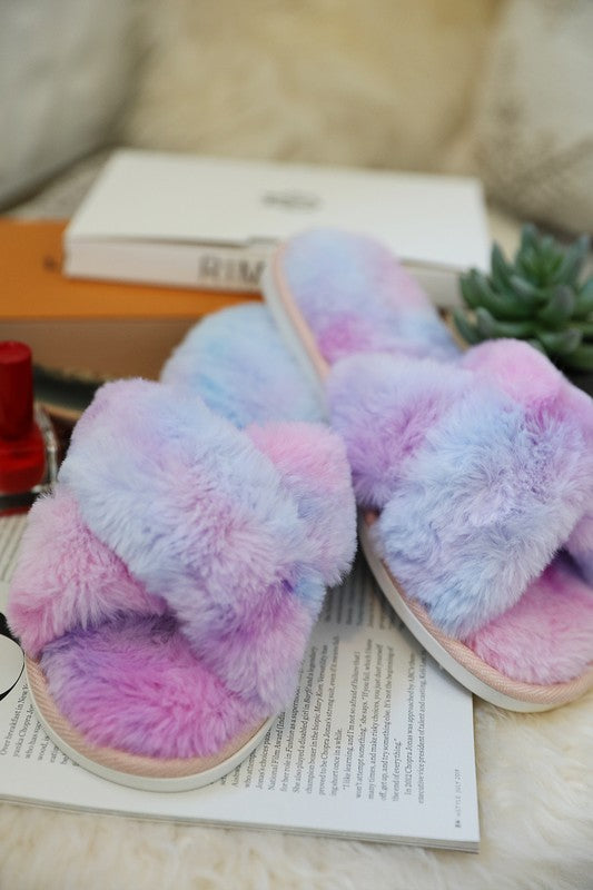 Tie dye clearance fluffy slides