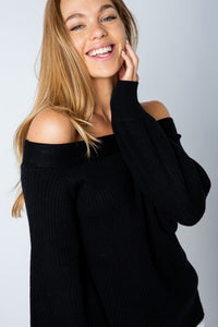 Off The Shoulder Balloon Sleeve Black Sweater