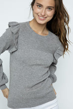 Load image into Gallery viewer, PRE-ORDER: Shoulder Ruffle Crew Neck Heather Gray Sweater