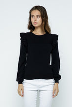 Load image into Gallery viewer, Shoulder Ruffle Crew Neck Black Sweater