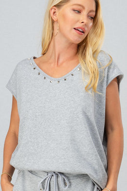 French Terry Sleeveless Studded Trim Top