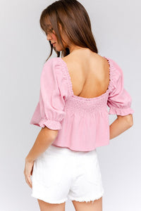 PUFF SLEEVE SMOCKING DETAIL FLARED TOP