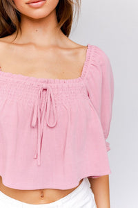 PUFF SLEEVE SMOCKING DETAIL FLARED TOP