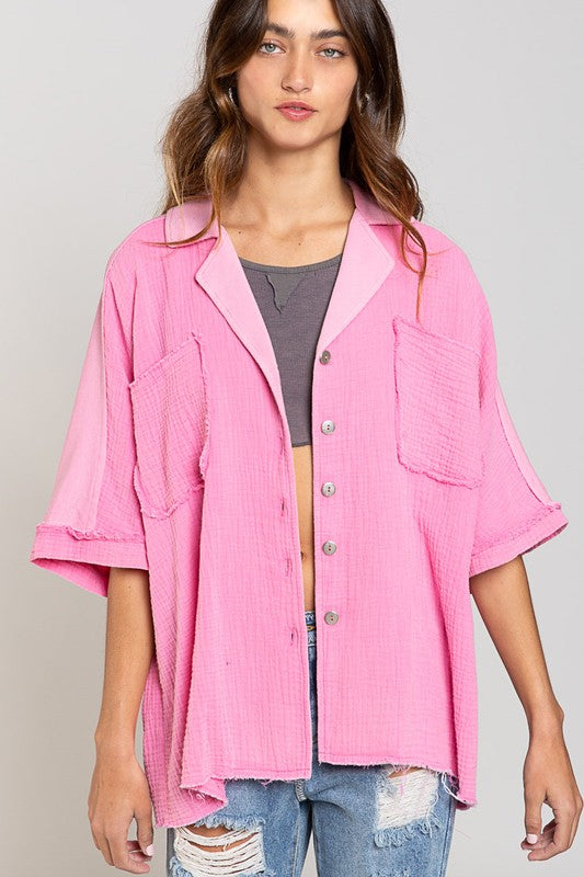 Pink Button Down Lazy Top