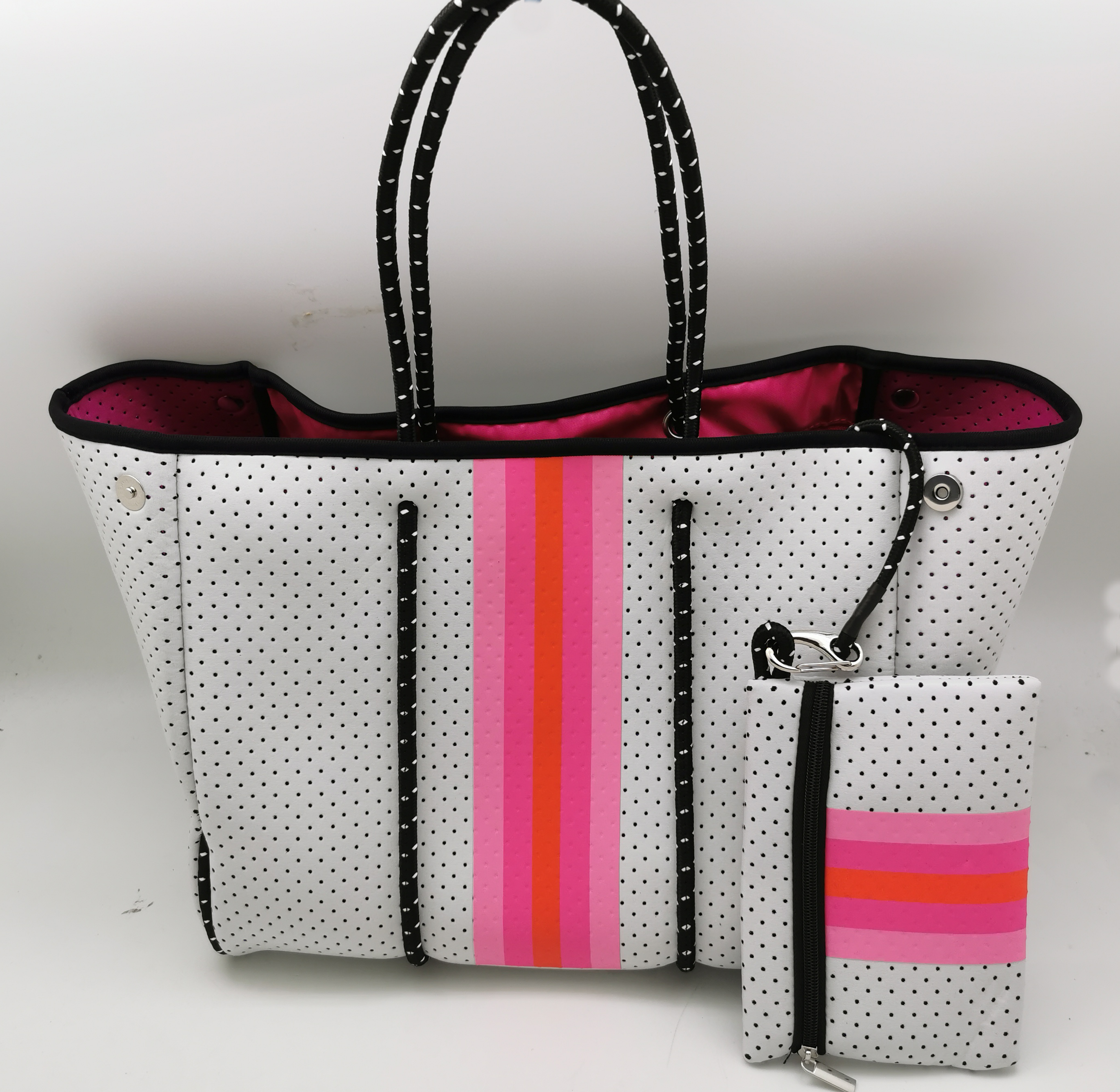 White and Neon Pink Stripe Neoprene Tote