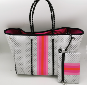 Neoprene Bag/Tote White Hot Pink Orange Stripe